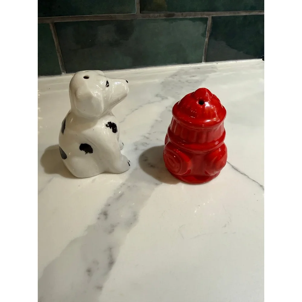 Vintage Dalmatian Dog and Red Fire Hydrant Ceramic Salt and Pepper Shaker Set